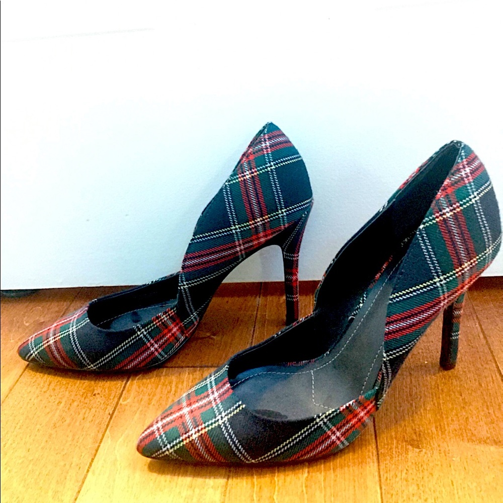 Charles Davis red and green striped pumps